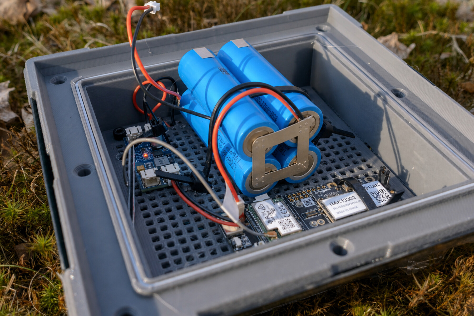 Open 1W lantern showing the four-cell 21700 battery pack and power wiring.